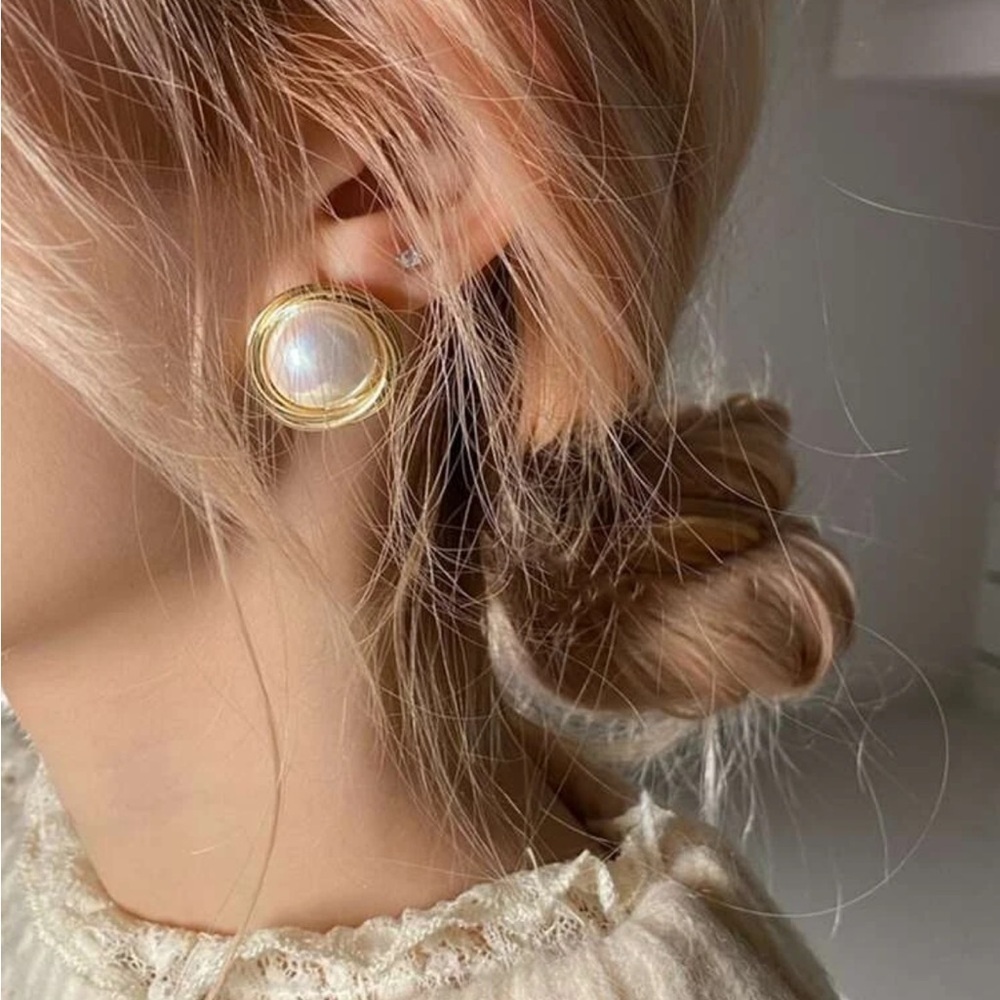 Gold Over 925 Sterling Silver Faux Pearl Decor Stud Earrings - Picture 2 of 6